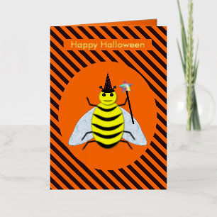 Halloween Magic Bee Witch Orange and Black Stripes Foil Greeting Card