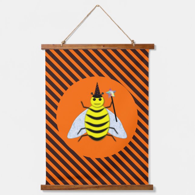 Halloween Magic Bee Witch Orange and Black Stripes Hanging Tapestry (Front)