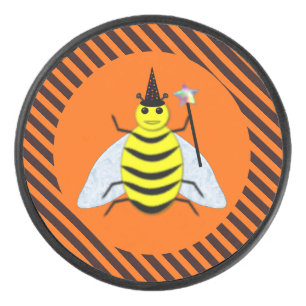 Halloween Magic Bee Witch Orange and Black Stripes Hockey Puck
