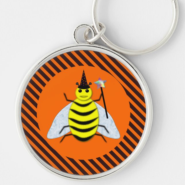 Halloween Magic Bee Witch Orange and Black Stripes Key Ring (Front)