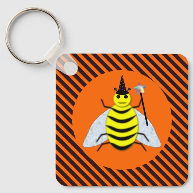 Halloween Magic Bee Witch Orange and Black Stripes Key Ring (Front)