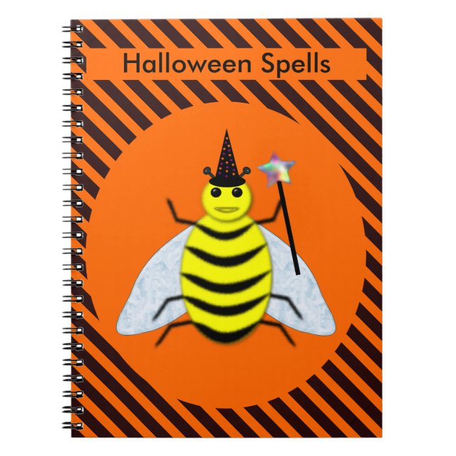 Halloween Magic Bee Witch Orange and Black Stripes Notebook (Front)
