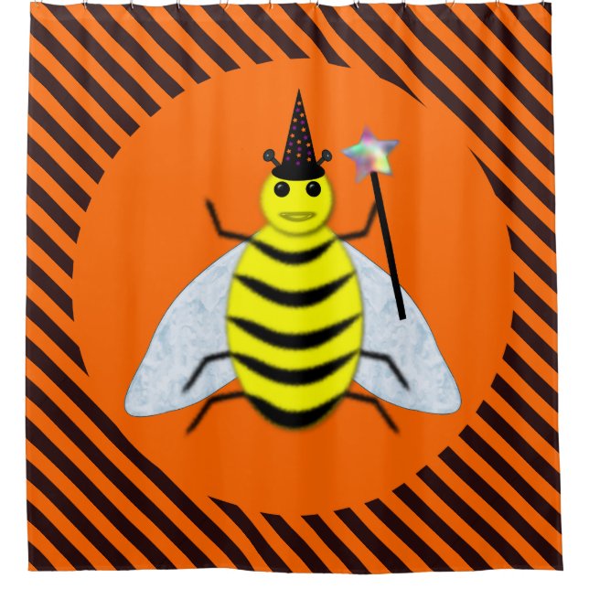 Halloween Magic Bee Witch Orange and Black Stripes Shower Curtain (Front)