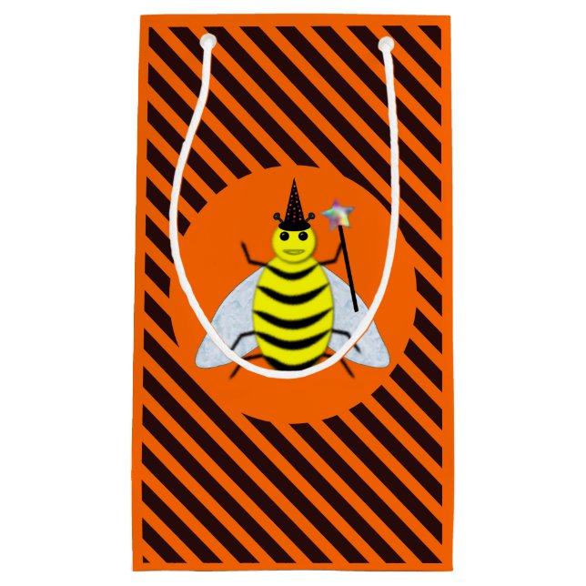 Halloween Magic Bee Witch Orange and Black Stripes Small Gift Bag (Front)