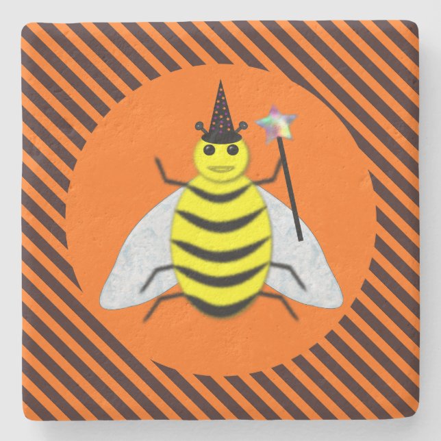 Halloween Magic Bee Witch Orange and Black Stripes Stone Coaster (Front)