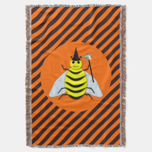 Halloween Magic Bee Witch Orange and Black Stripes Throw Blanket