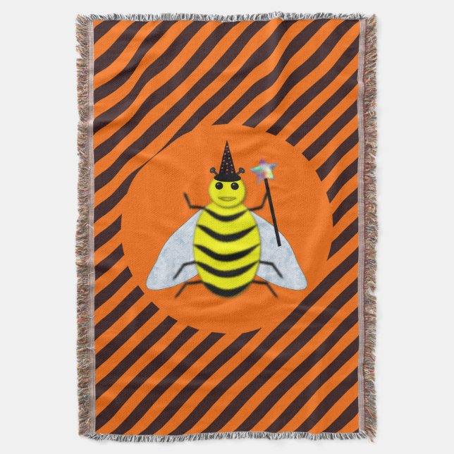 Halloween Magic Bee Witch Orange and Black Stripes Throw Blanket (Front Vertical)