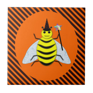 Halloween magic Bee Witch Orange and Black Stripes Tile