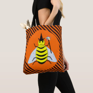 Halloween Magic Bee Witch Orange and Black Stripes Tote Bag