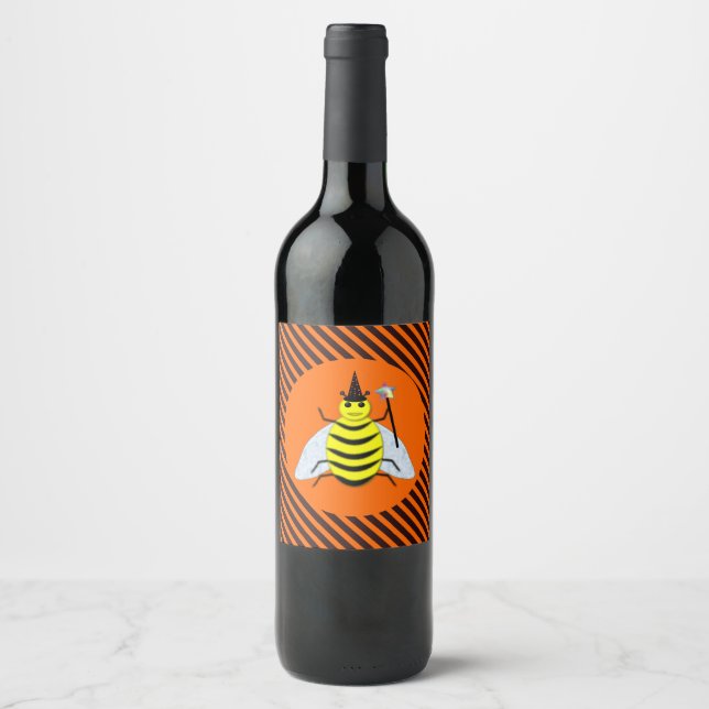 Halloween Magic Bee Witch Orange and Black Stripes Wine Label (Front)