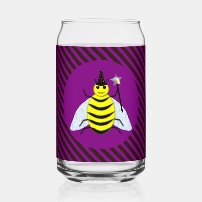 Halloween Magic Bee Wizard Purple and Black Stripe Can Glass (Front)