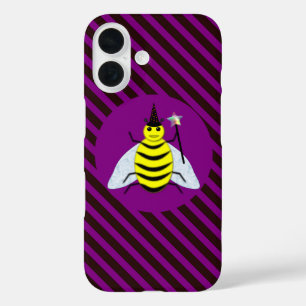 Halloween Magic Bee Wizard Purple and Black Stripe iPhone 16 Case