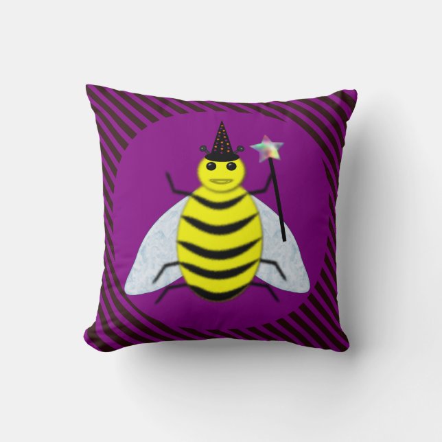 Halloween Magic Bee Wizard Purple and Black Stripe Cushion (Front)