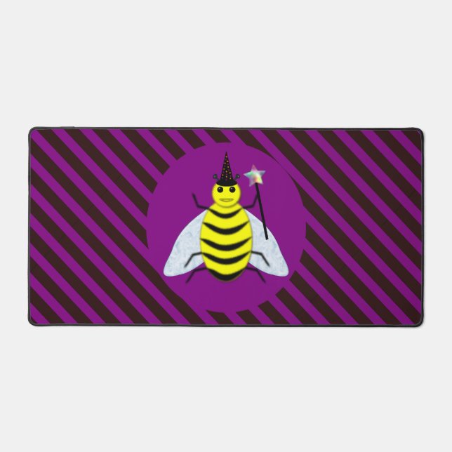 Halloween Magic Bee Wizard Purple and Black Stripe Desk Mat (Front)