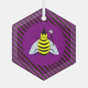 Halloween Magic Bee Wizard Purple and Black Stripe Glass Tree Decoration