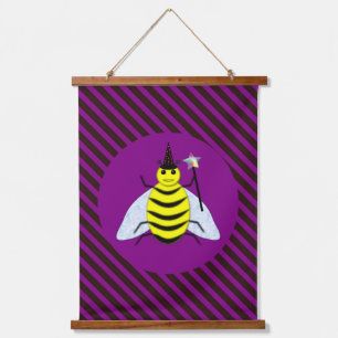 Halloween Magic Bee Wizard Purple and Black Stripe Hanging Tapestry