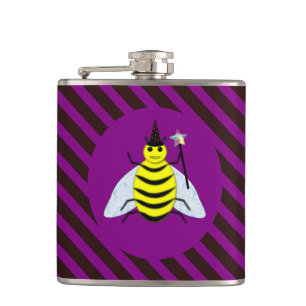 Halloween Magic Bee Wizard Purple and Black Stripe Hip Flask