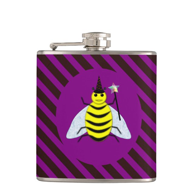 Halloween Magic Bee Wizard Purple and Black Stripe Hip Flask (Front)