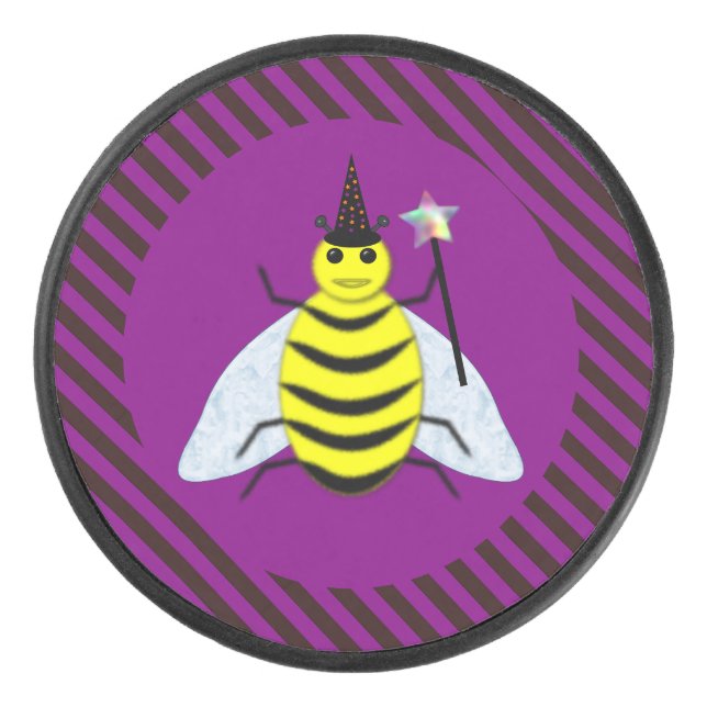 Halloween Magic Bee Wizard Purple and Black Stripe Hockey Puck (Front)