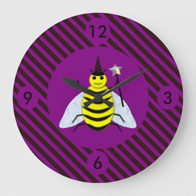 Halloween Magic Bee Wizard Purple and Black Stripe Large Clock (Front)