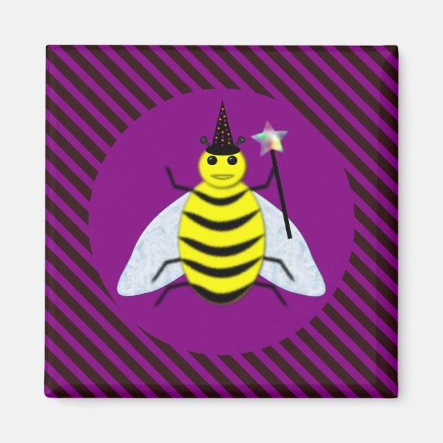Halloween Magic Bee Wizard Purple and Black Stripe Magnet (Front)