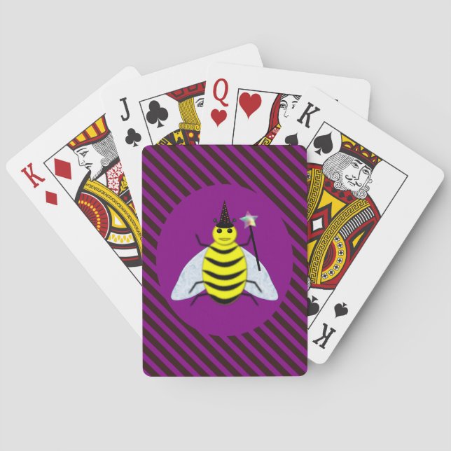 Halloween Magic Bee Wizard Purple and Black Stripe Playing Cards (Back)