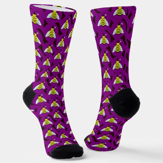 Halloween Magic Bee Wizard Purple and Black Stripe Socks (Angled)