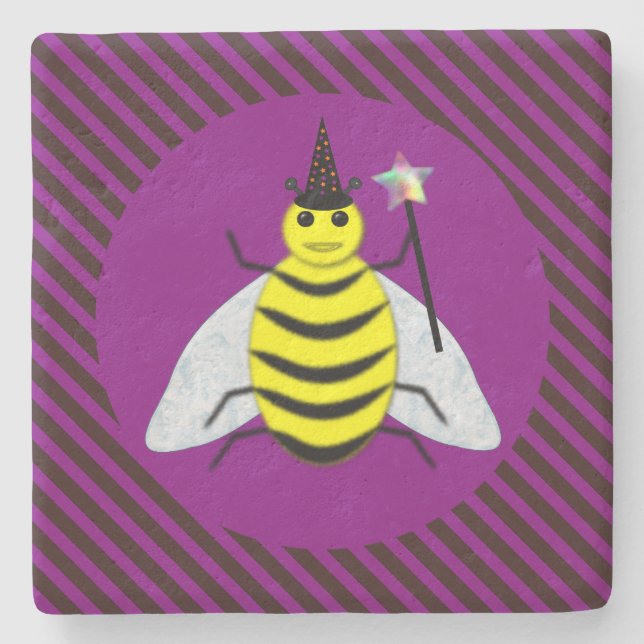 Halloween Magic Bee Wizard Purple and Black Stripe Stone Coaster (Front)