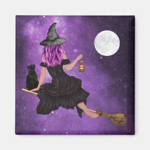 Halloween Magic Flying Witch Full Moon  Magnet