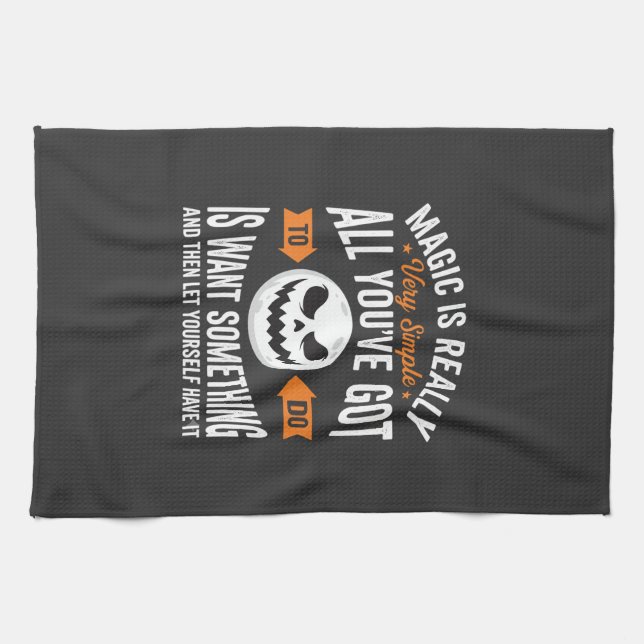 Halloween Magic Quote Pumpkin Face Design Tea Towel (Horizontal)