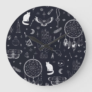 Halloween Magic: Vintage Doodle Pattern. Large Clock