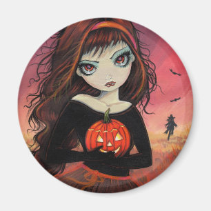 Halloween Magnet Big Eye Girl with Pumpkin