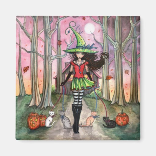 Image of Halloween Magnet Witch and Cats