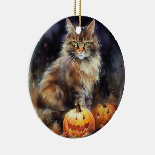 Halloween Maine Coon Cat With Pumpkins Scary Ceramic Tree Decoration