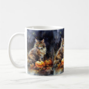 Halloween Maine Coon Cat With Pumpkins Scary Coffee Mug