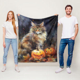 Halloween Maine Coon Cat With Pumpkins Scary Fleece Blanket