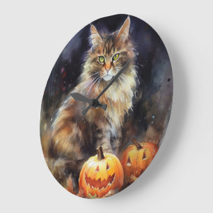 Halloween Maine Coon Cat With Pumpkins Scary Large Clock