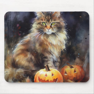 Halloween Maine Coon Cat With Pumpkins Scary Mouse Mat