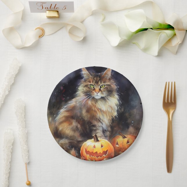 Halloween Maine Coon Cat With Pumpkins Scary Paper Plate (Wedding)