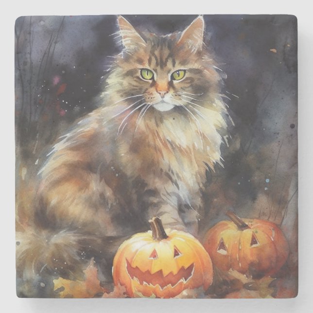 Halloween Maine Coon Cat With Pumpkins Scary Stone Coaster (Front)