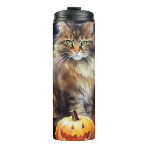 Halloween Maine Coon Cat With Pumpkins Scary Thermal Tumbler