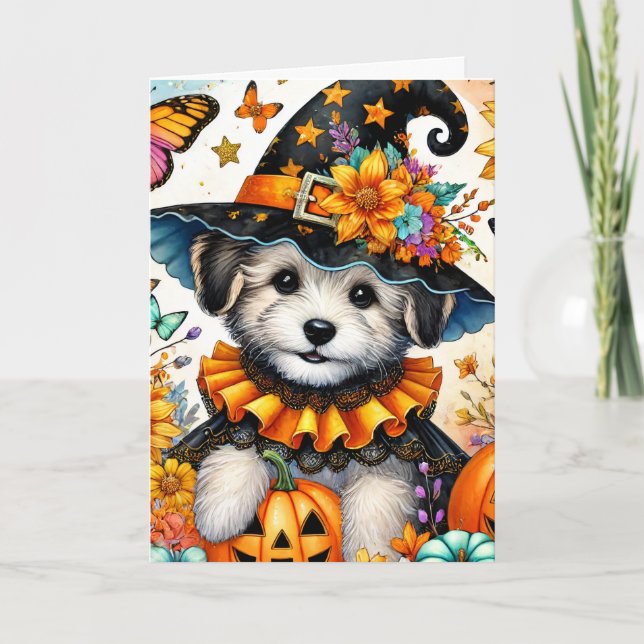 Halloween Maltese Puppy Witch Halloween Card (Front)