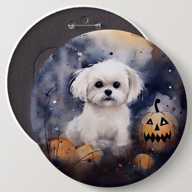 Halloween Maltese With Pumpkins Scary  6 Cm Round Badge (Front & Back)