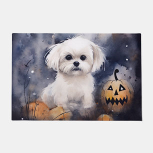 Halloween Maltese With Pumpkins Scary Doormat