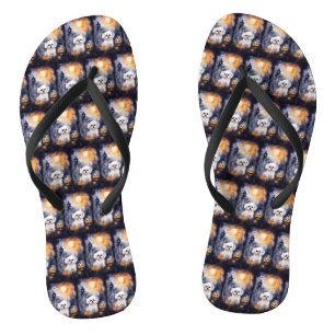 Halloween Maltese With Pumpkins Scary  Flip Flops