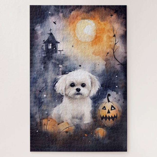 Halloween Maltese With Pumpkins Scary  Jigsaw Puzzle (Vertical)