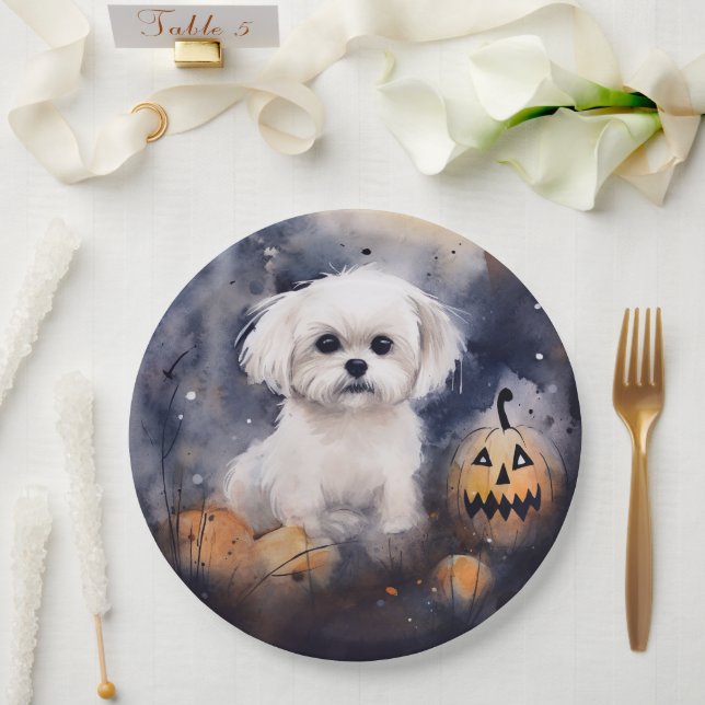 Halloween Maltese With Pumpkins Scary  Paper Plate (Wedding)