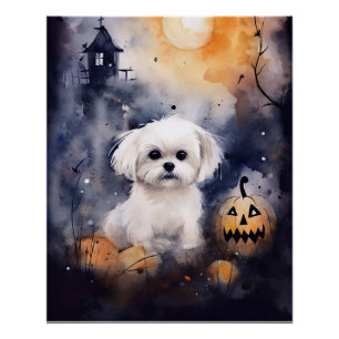 Halloween Maltese With Pumpkins Scary Poster