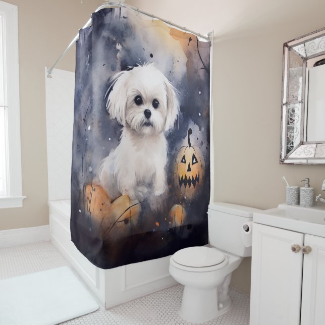 Halloween Maltese With Pumpkins Scary  Shower Curtain (In Situ)