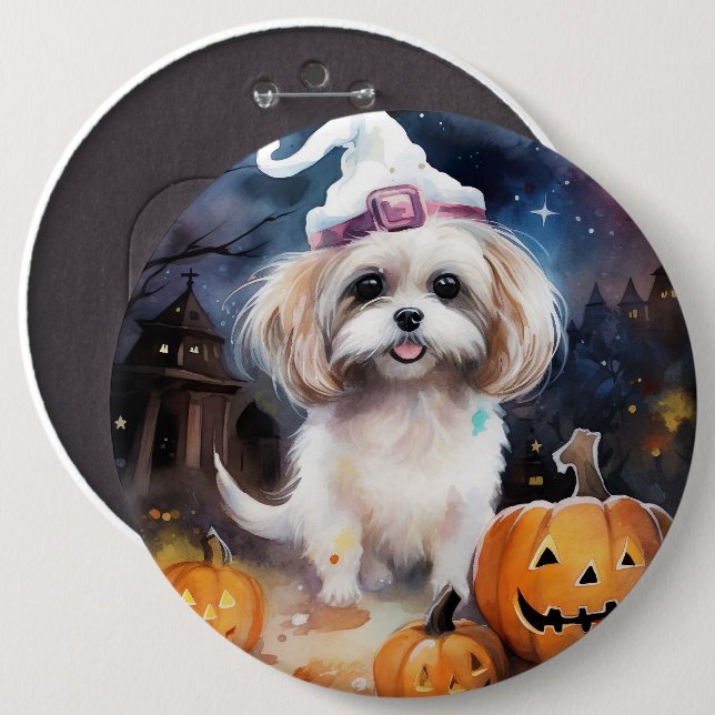 Halloween Malti Tzu With Pumpkins Scary  6 Cm Round Badge (Front & Back)